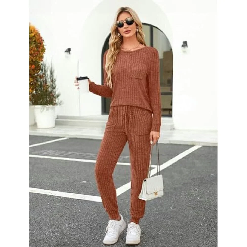 Ribbed Knit Lounge Set Long Sleeve Pajama Jogger Sweatsuit